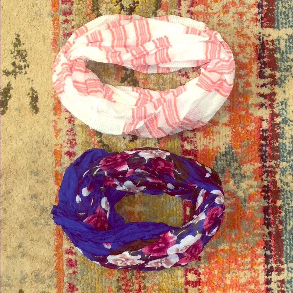 Two patterned infinity scarves